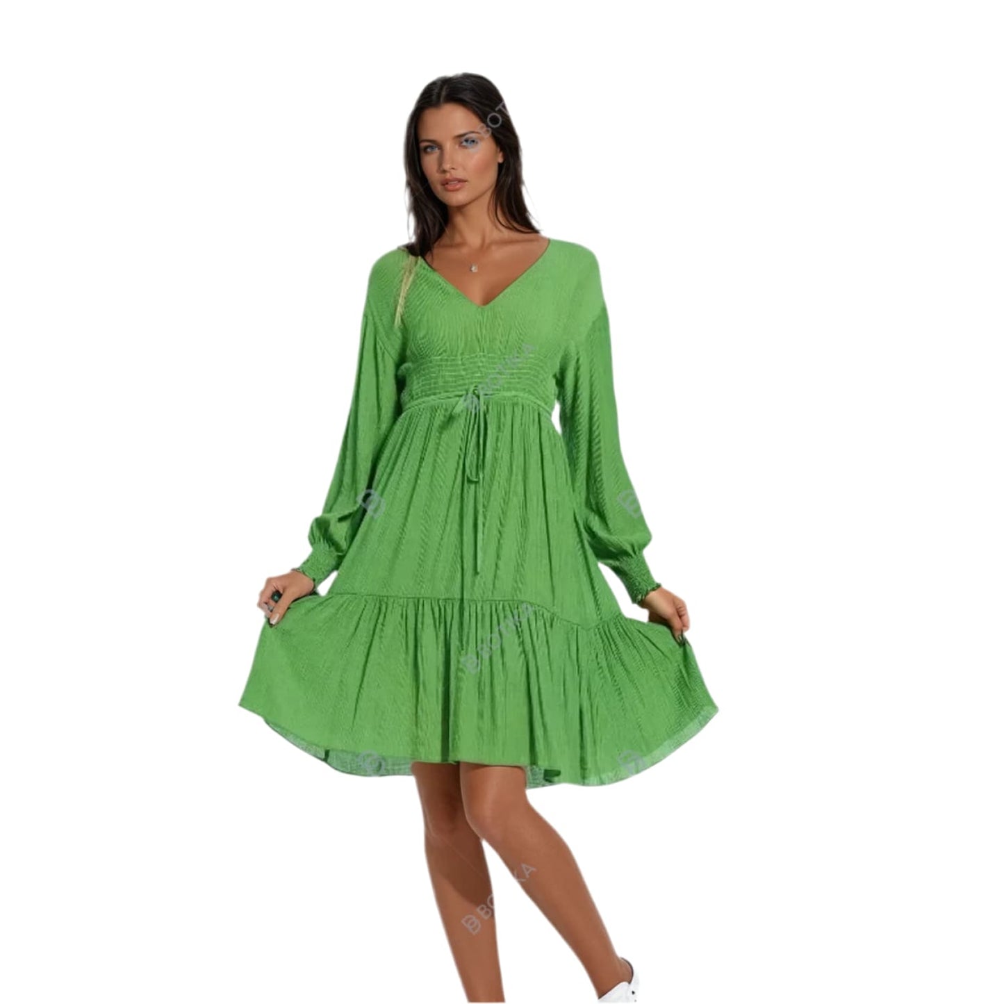 Belted Green Flare Dress - Womens
