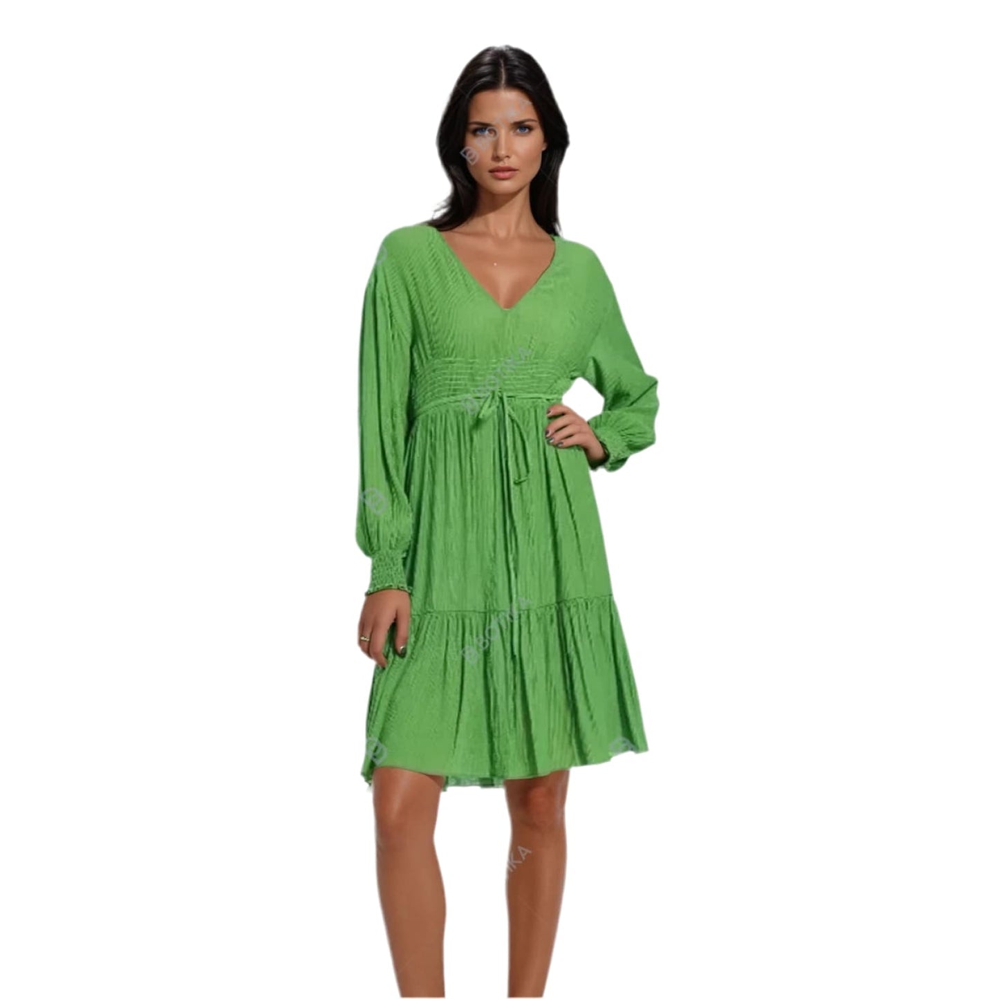 Belted Green Flare Dress - Womens