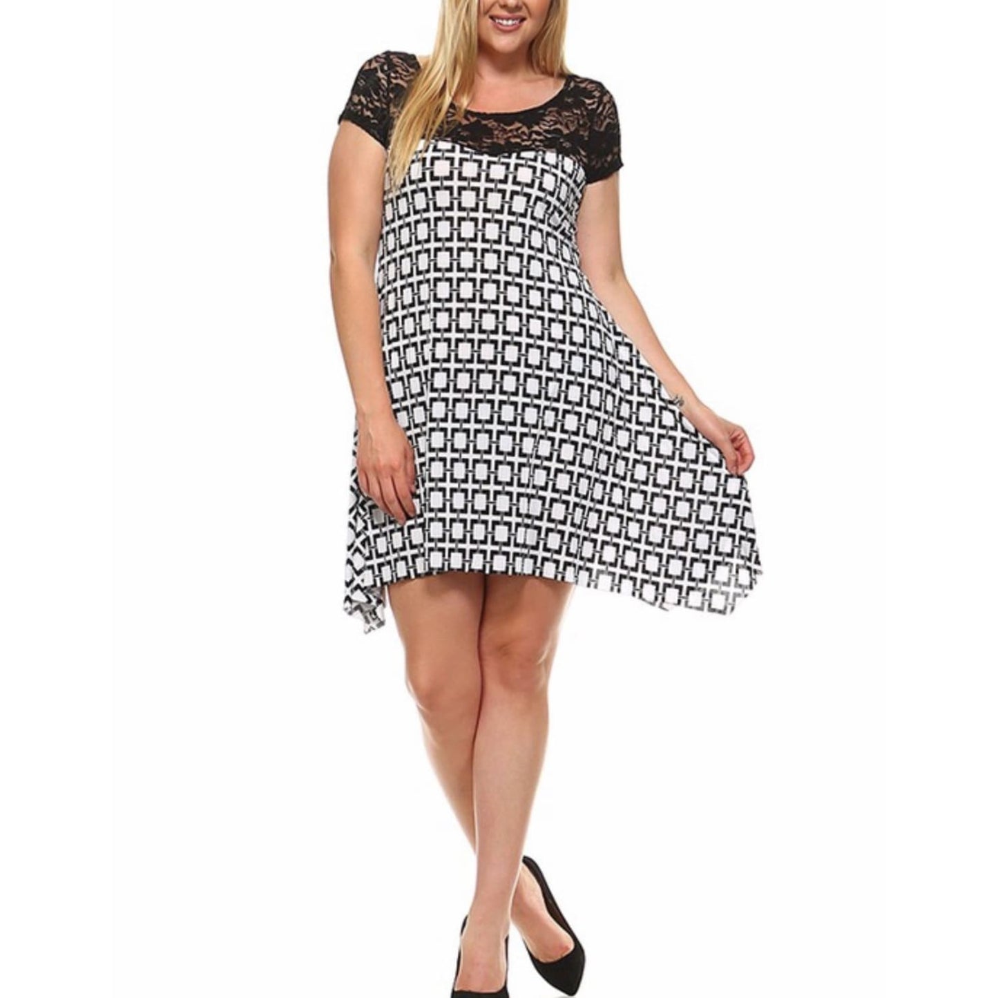 Black and White Printed Shift Dress Plus - DRESSES
