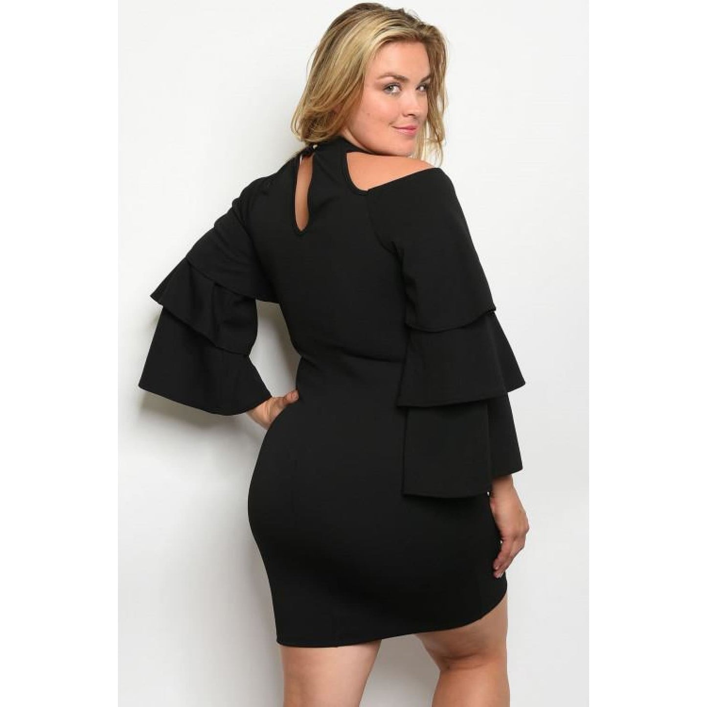 Black Plus Size Dress With Cold Shoulder Cutout - DRESSES