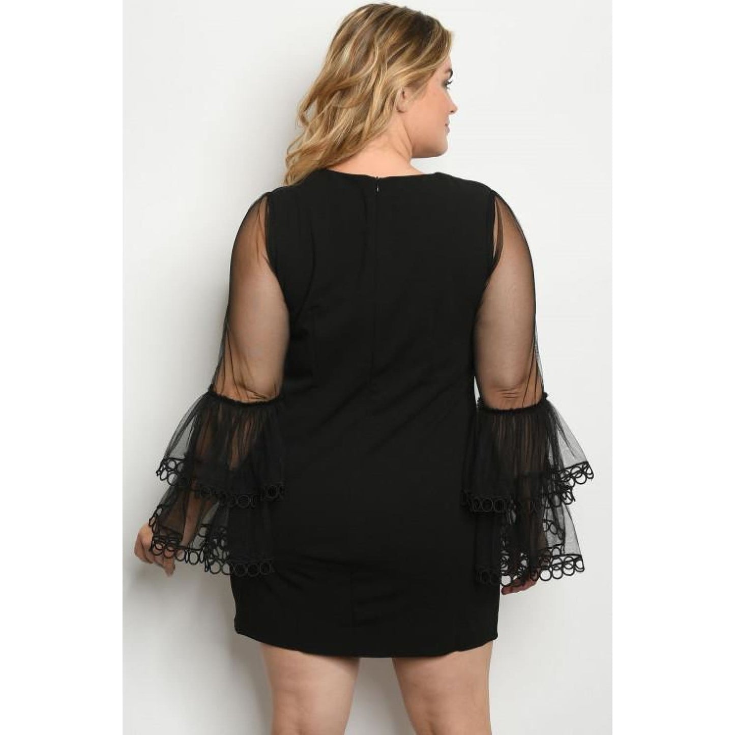 Black Plus Size Dress With Mesh Sleeves - DRESSES