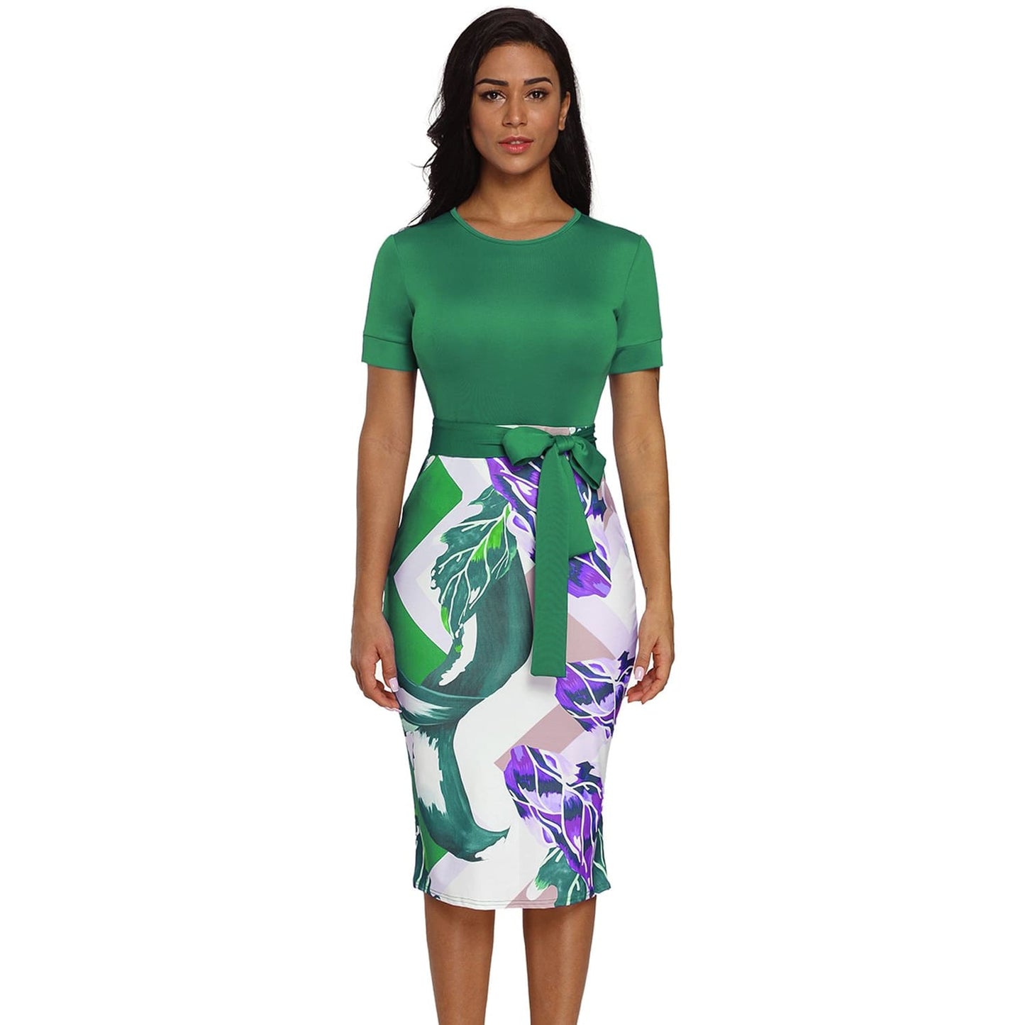 Bowknot Short Sleeve Printed Sheath Dress - Plus Size - Best YOU by HTS