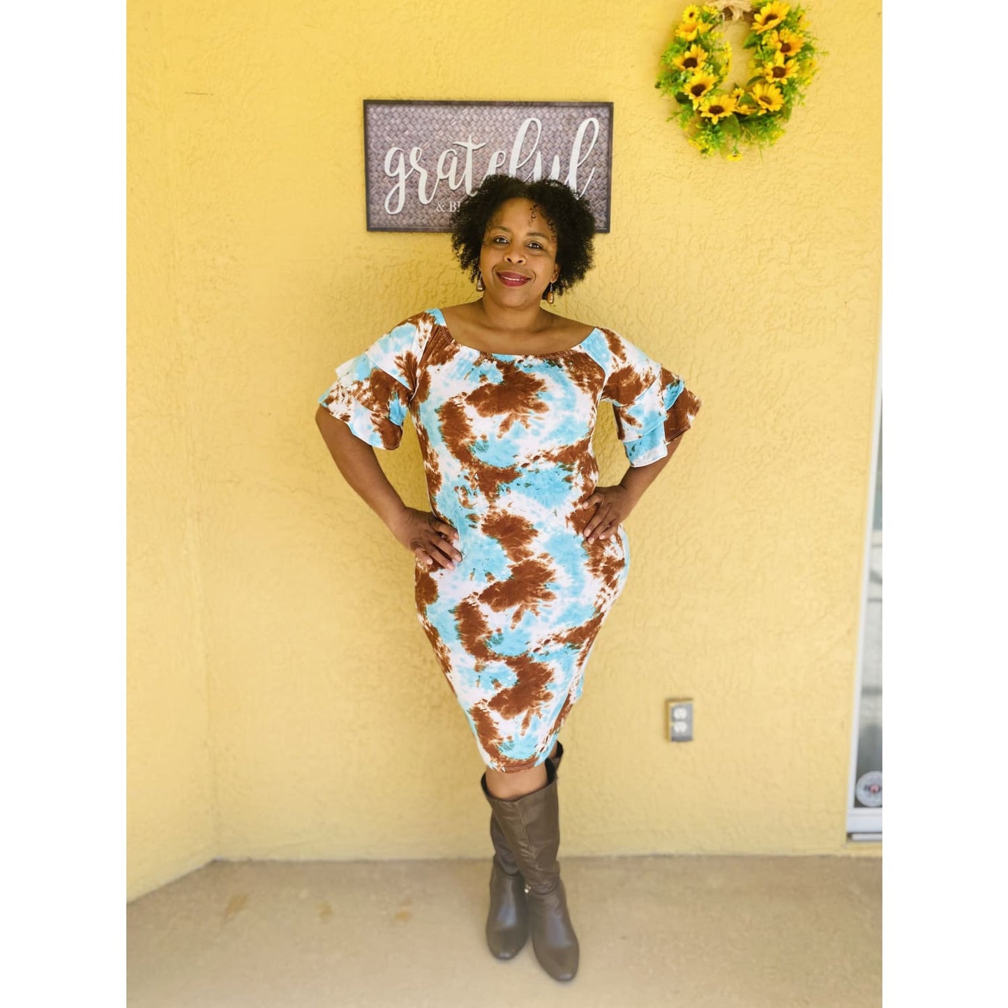 Brown Blue Tie Dye Plus Size Dress - DRESSES