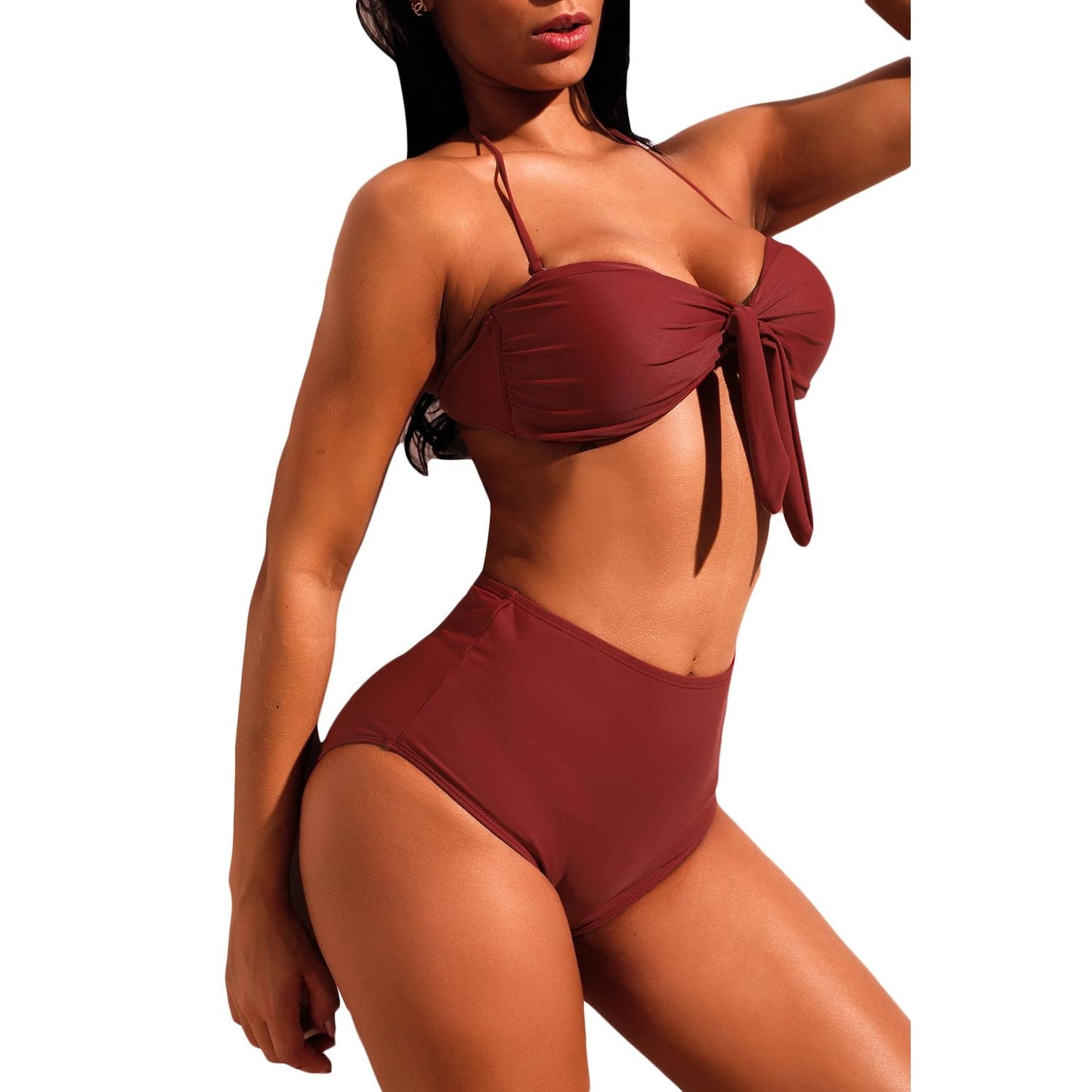 Burgundy Tie-front Halter Bikini High Waist Swimsuit - Best YOU by HTS