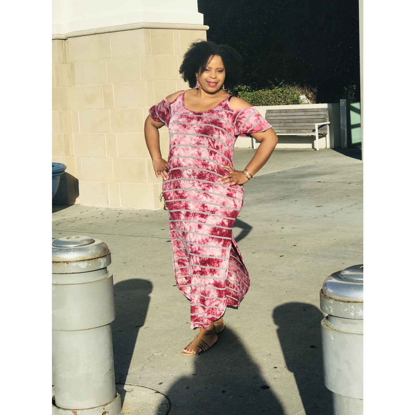 Burgundy with Charcoal Stripes Maxi Dress - DRESSES