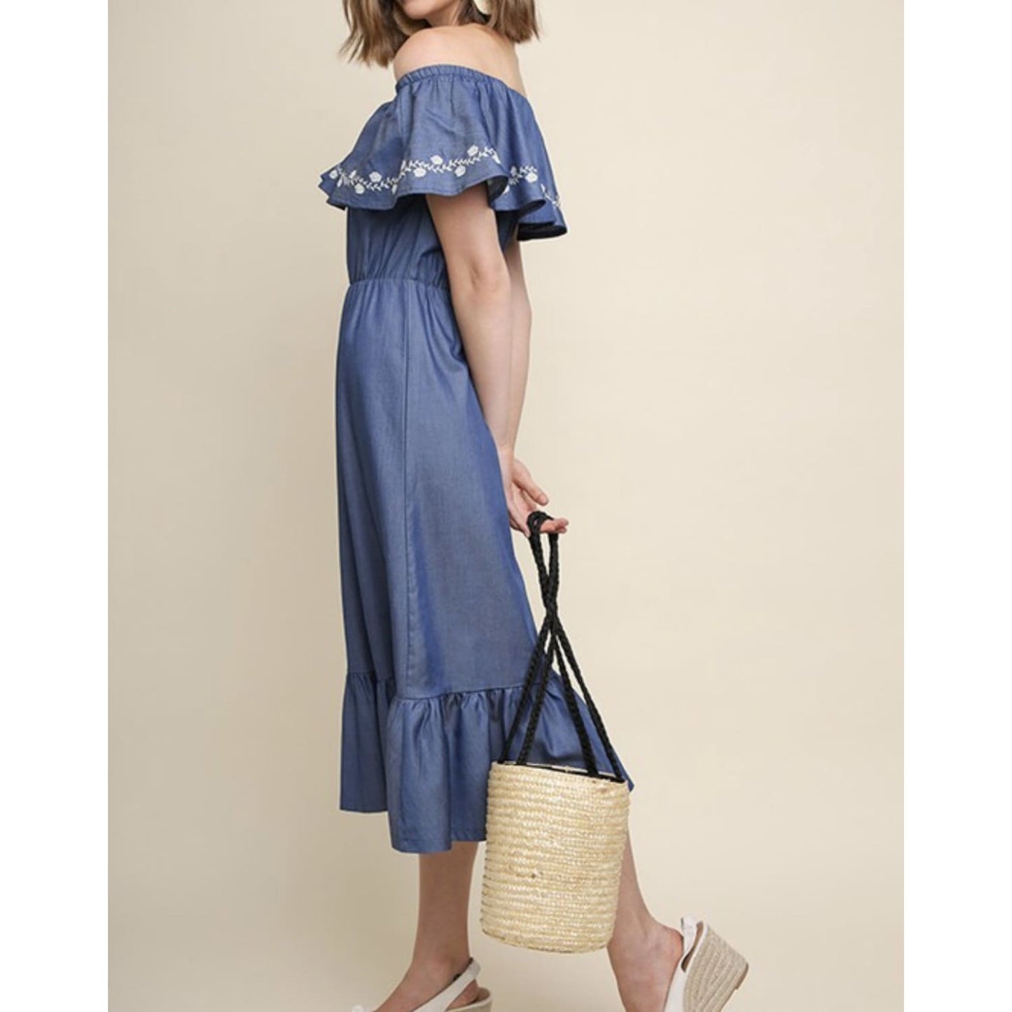 Denim Off Shoulder Ruffle Dress - Best YOU by HTS
