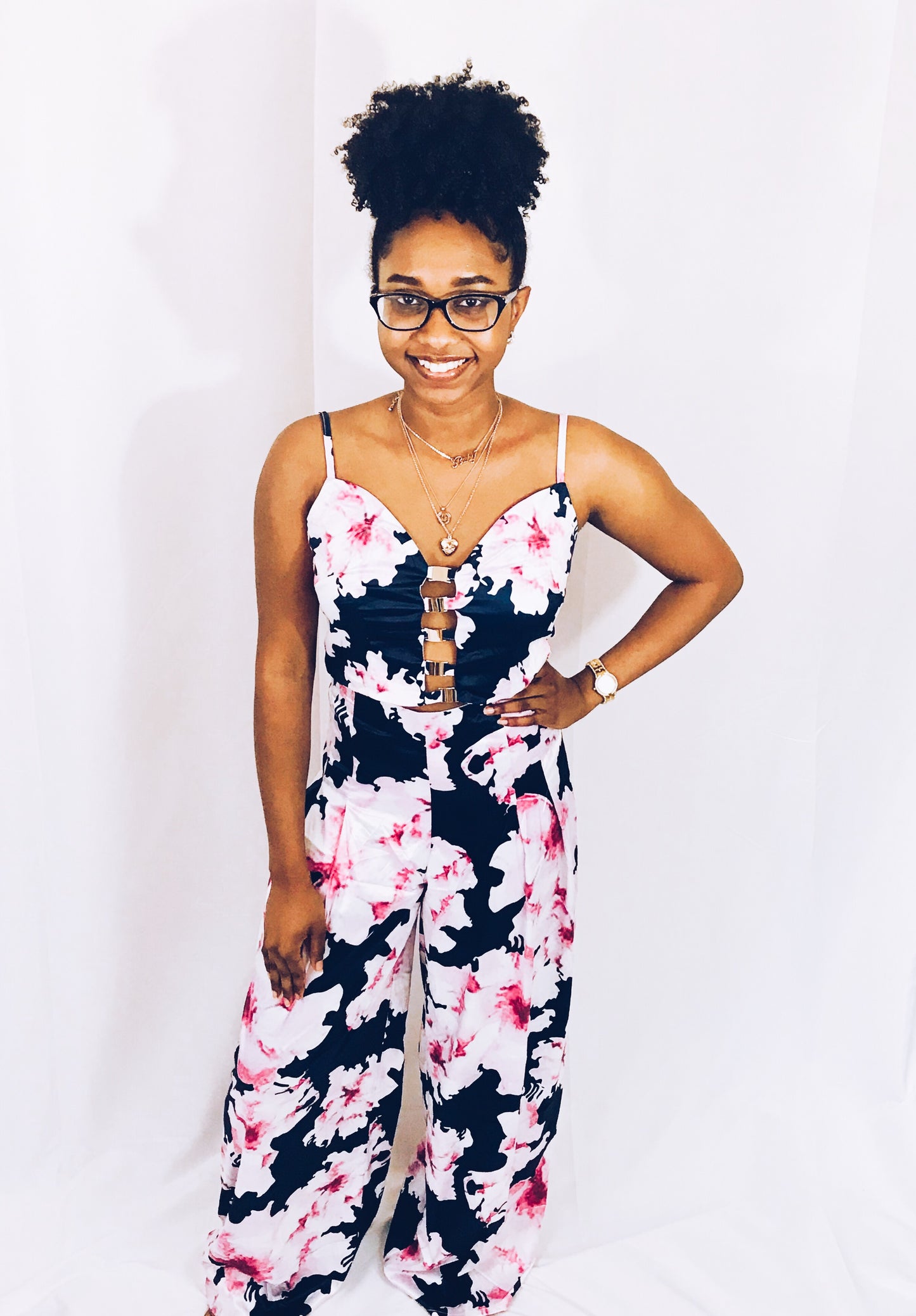 Navy Floral Crop Top and Pants Set - Best YOU by HTS