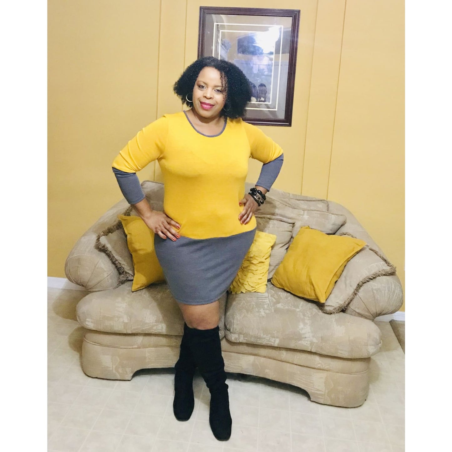 Mustard Color Block Sweater Dress Plus - DRESSES