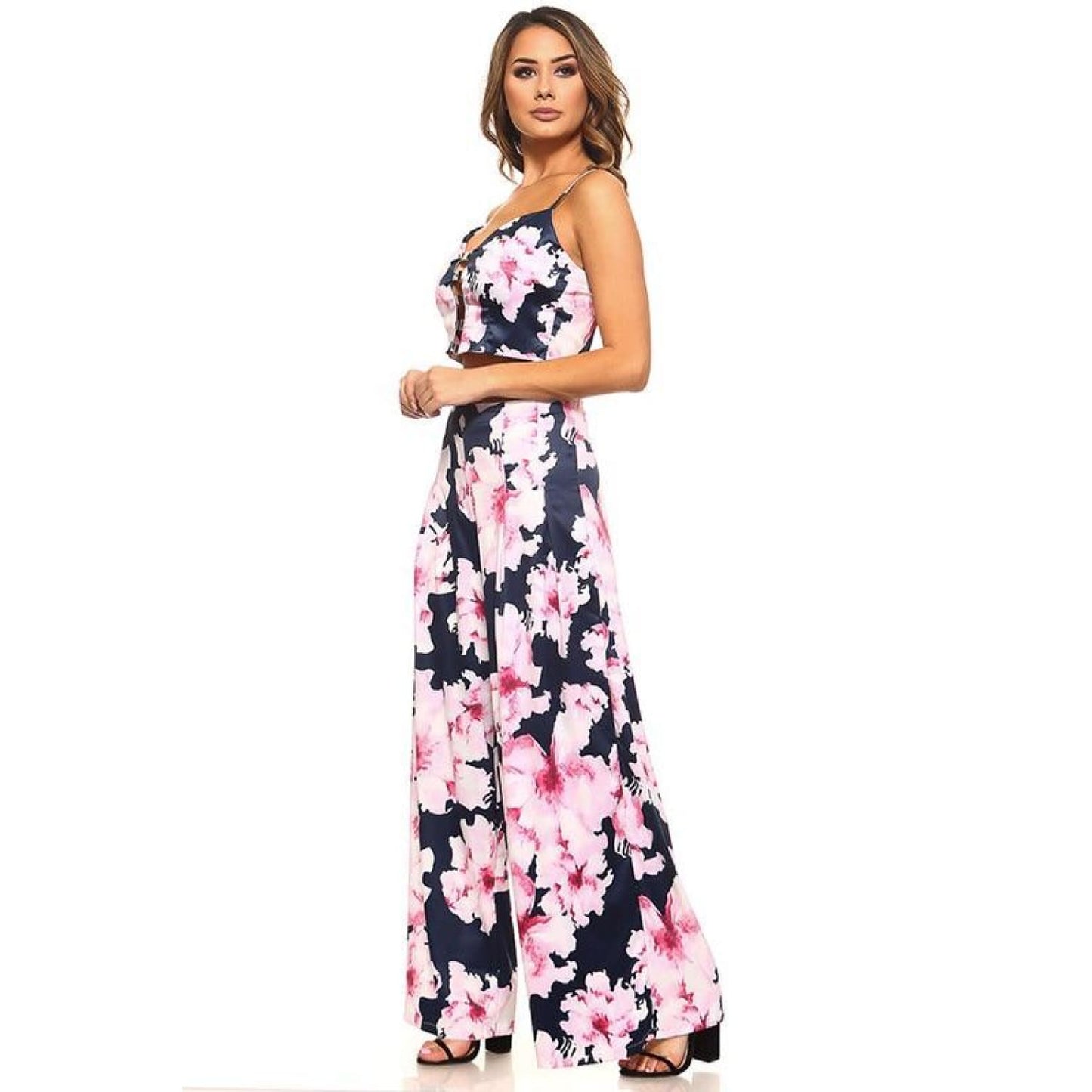 Navy Floral Crop Top and Pants Set - Best YOU by HTS