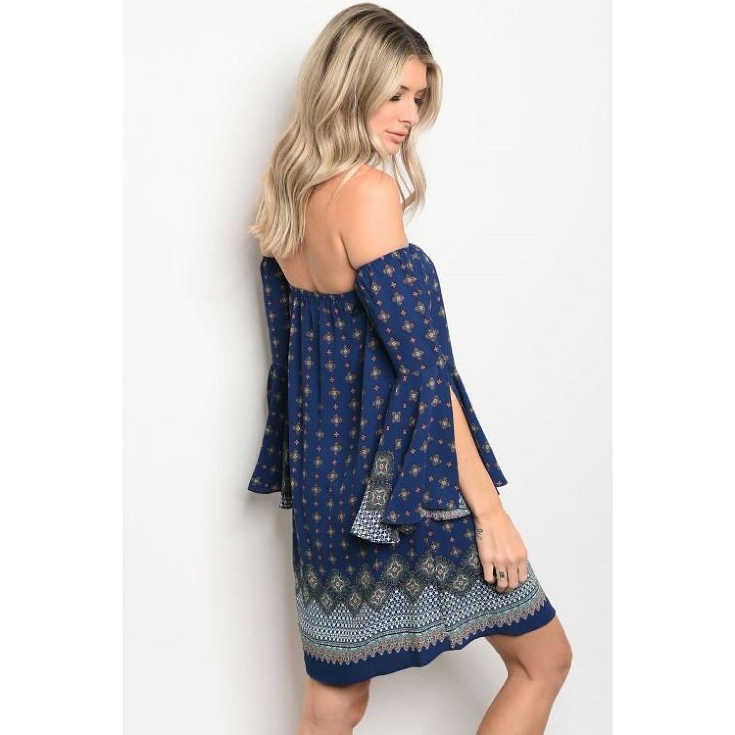 Navy Off Shoulder Print Dress - DRESSES