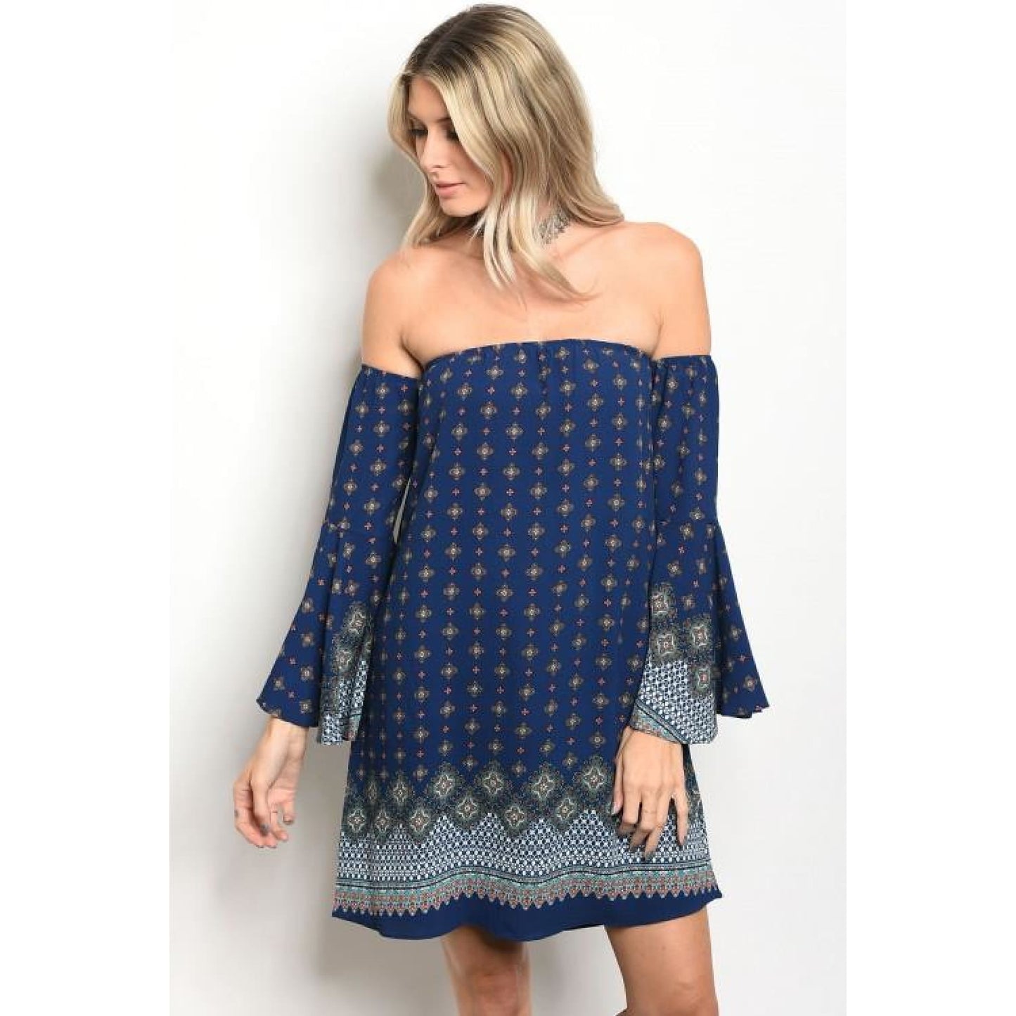 Navy Off Shoulder Print Dress - DRESSES
