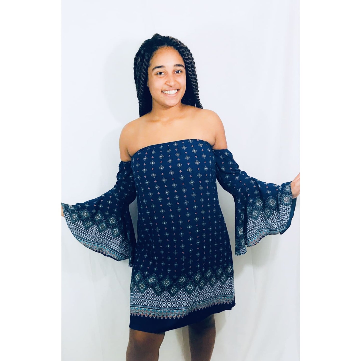 Navy Off Shoulder Print Dress - DRESSES