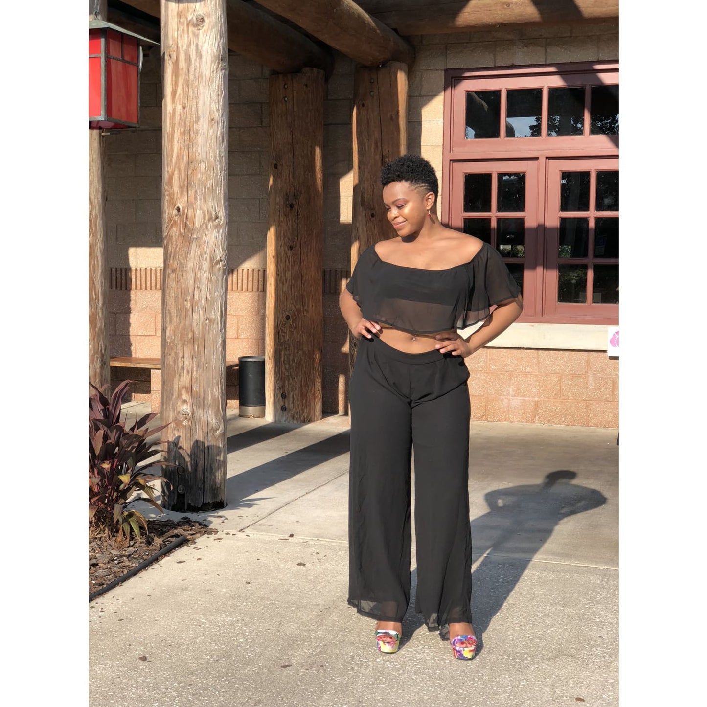 Ruffle Crop Top & Wide Leg Pants Set - Black - Best YOU by HTS