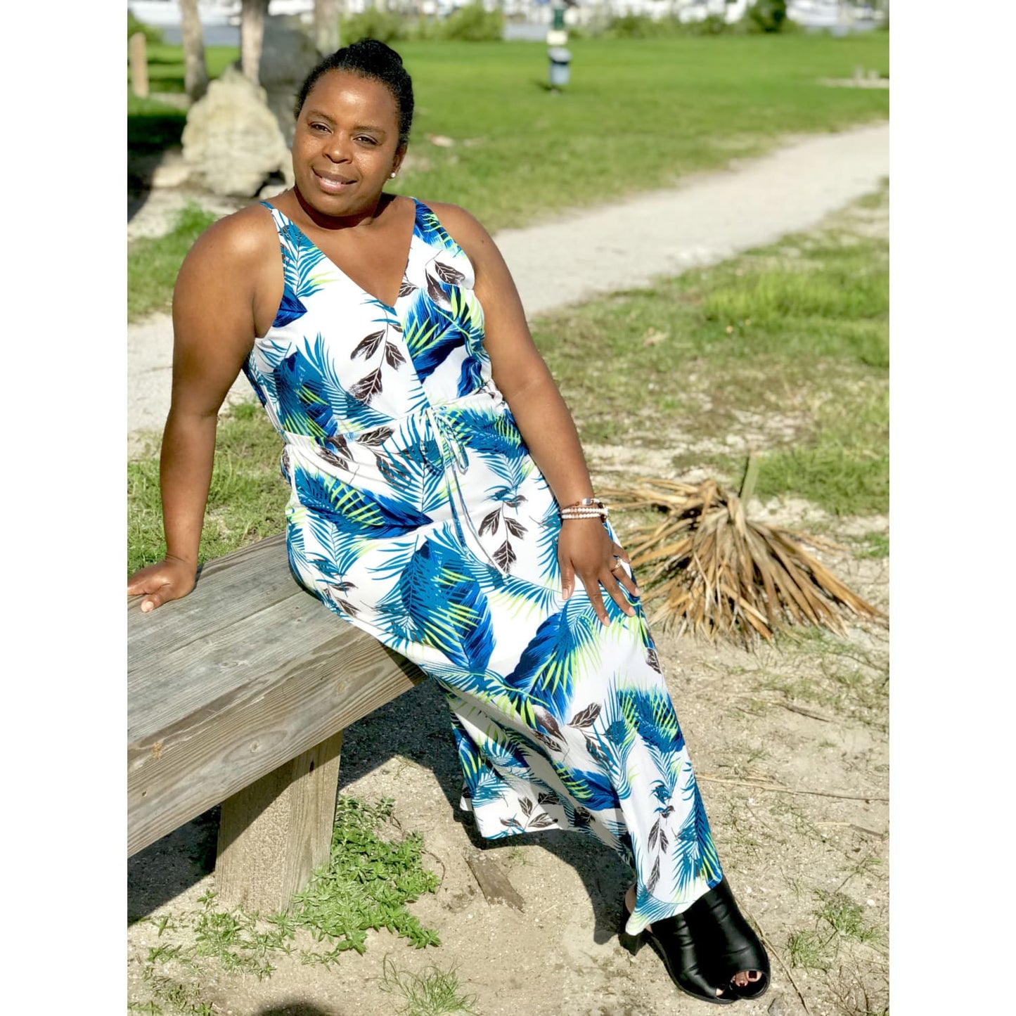 Turquoise Tropical Leaf Print Sexy V Neck Maxi Dress - Best YOU by HTS