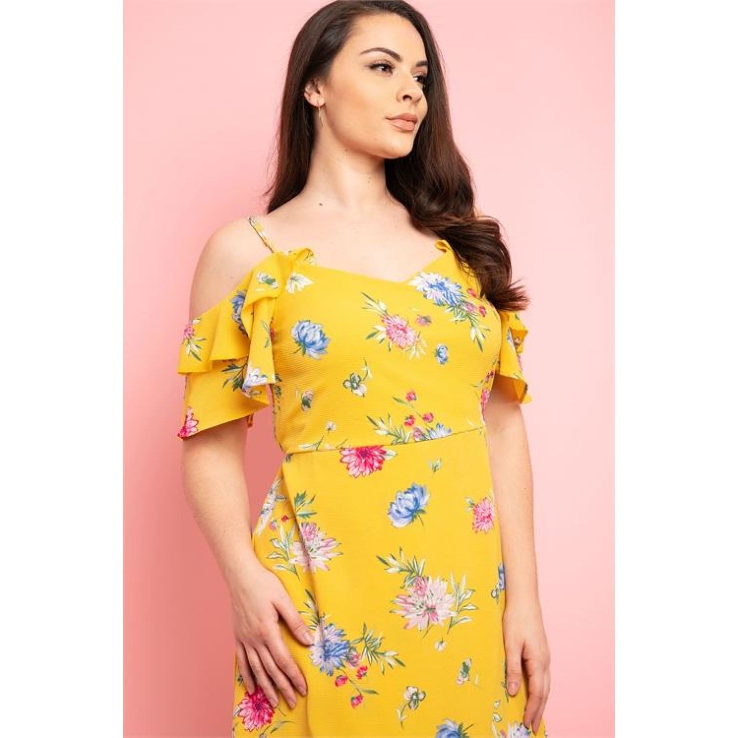 Yellow Floral Asymmetrical Plus Size Dress - DRESSES