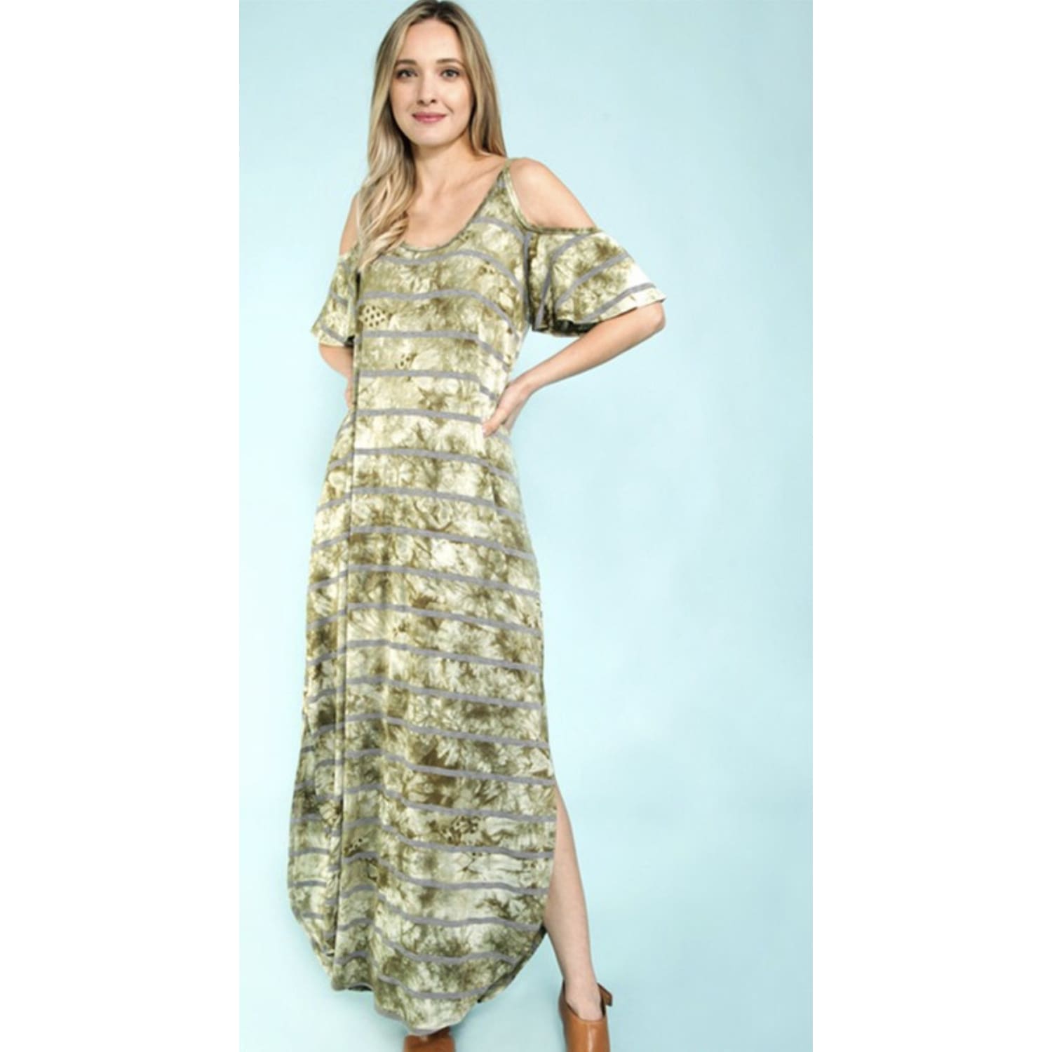Army Green with Charcoal Stripes Maxi Dress - DRESSES