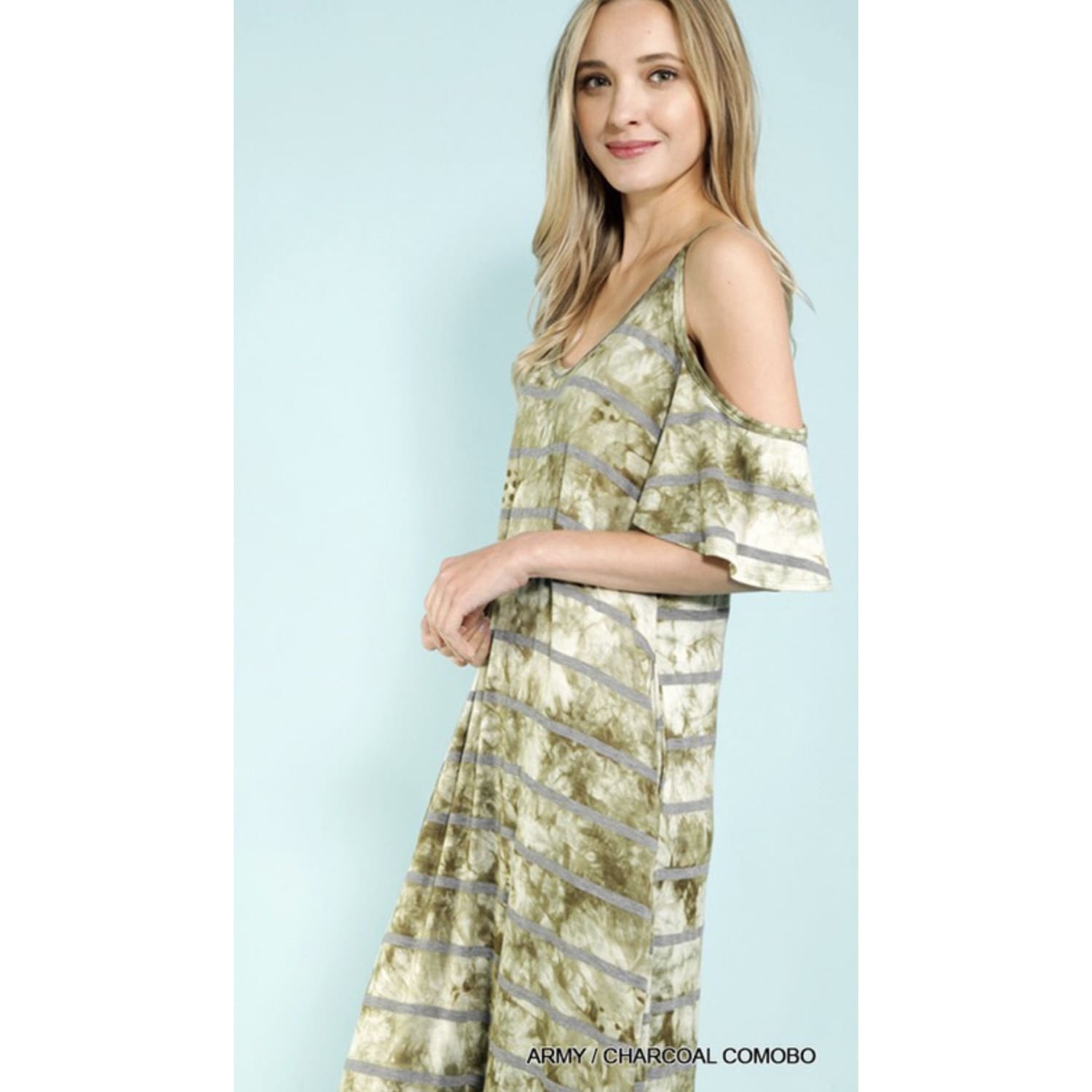 Army Green with Charcoal Stripes Maxi Dress - DRESSES