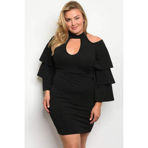 Black Plus Size Dress With Cold Shoulder Cutout - DRESSES