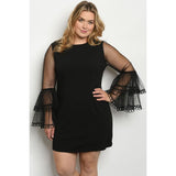 Black Plus Size Dress With Mesh Sleeves - DRESSES