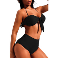 Black Tie-front Halter Bikini High Waist Swimsuit - SWIMSUITS