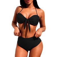 Black Tie-front Halter Bikini High Waist Swimsuit - SWIMSUITS