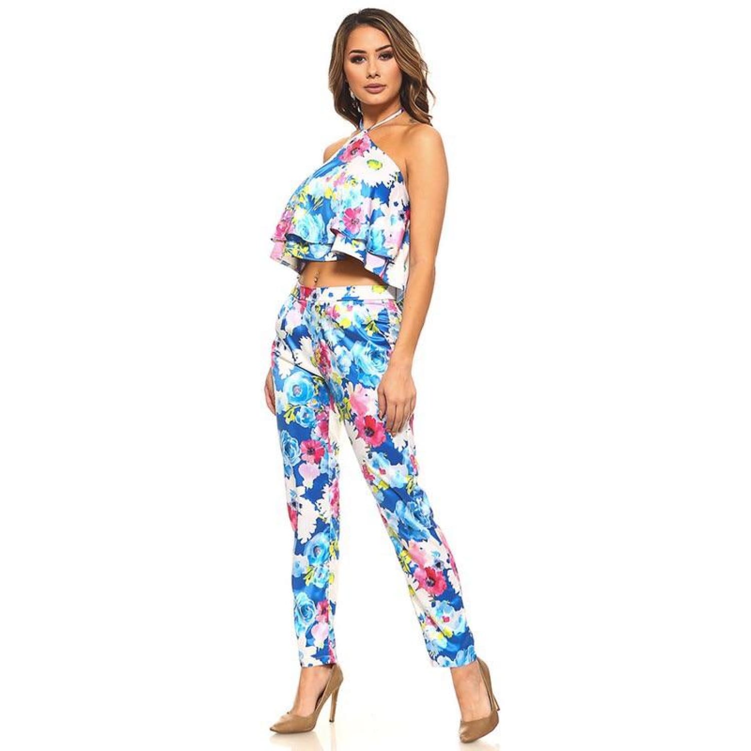 Blue Floral Halter Top and Pants Set - Best YOU by HTS