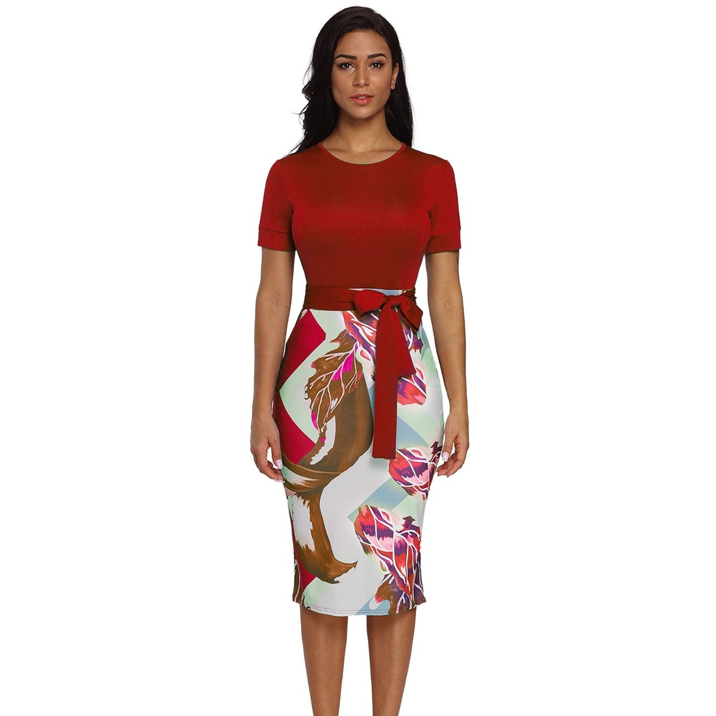 Bowknot Short Sleeve Printed Sheath Dress - Plus Size - Best YOU by HTS