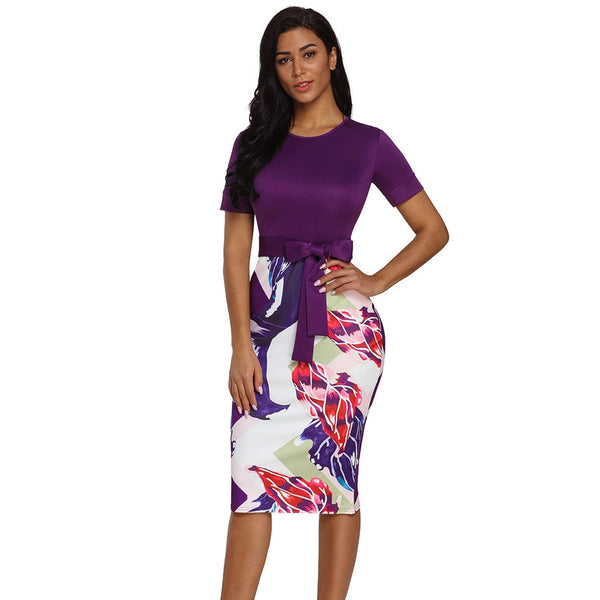 Bowknot Short Sleeve Printed Sheath Dress - Plus Size - Best YOU by HTS
