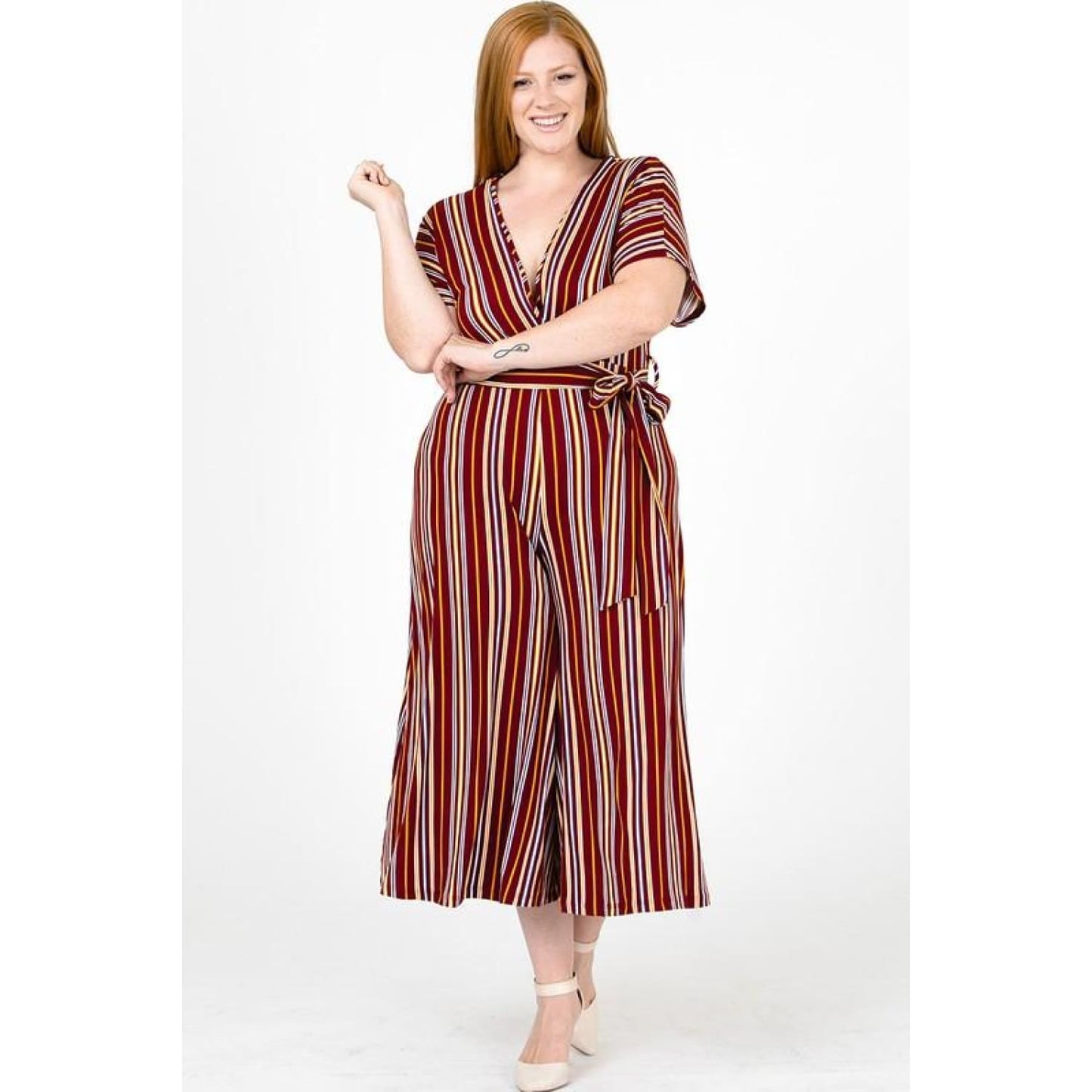 Burgundy and Mustard Striped Plus Size Jumpsuit - Best YOU by HTS