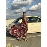 Burgundy Floral Chiffon Spaghetti Straps Maxi Dress - DRESSES