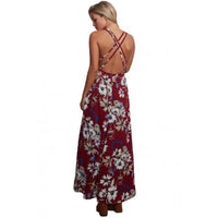 Burgundy Floral Chiffon Spaghetti Straps Maxi Dress - DRESSES