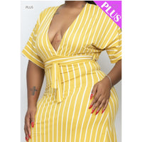 Mustard Deep V Cut Plus Dress - DRESSES