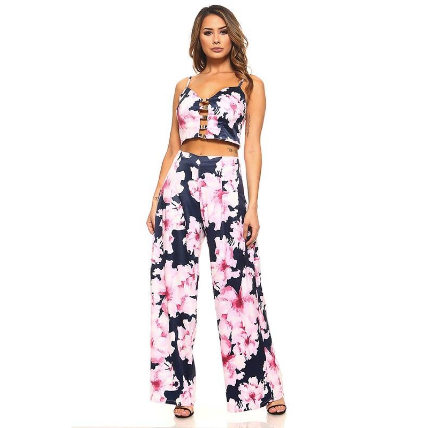 Navy Floral Crop Top and Pants Set - Best YOU by HTS