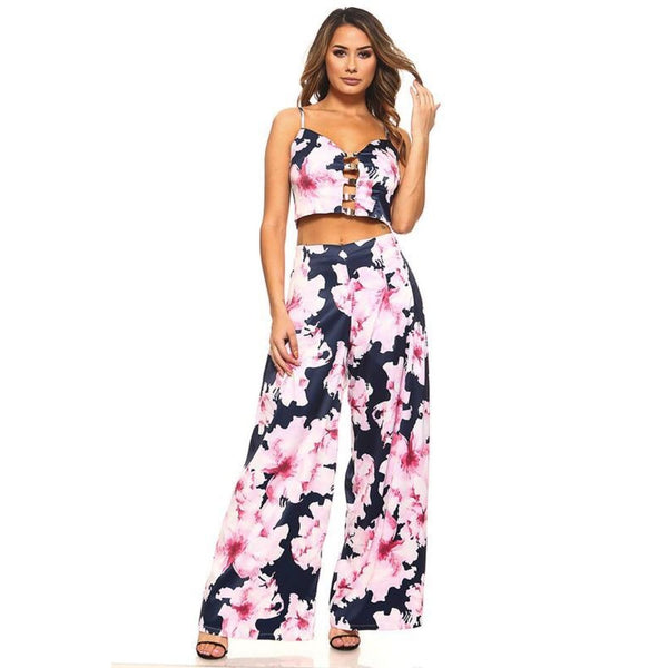 Navy Floral Crop Top and Pants Set - Best YOU by HTS