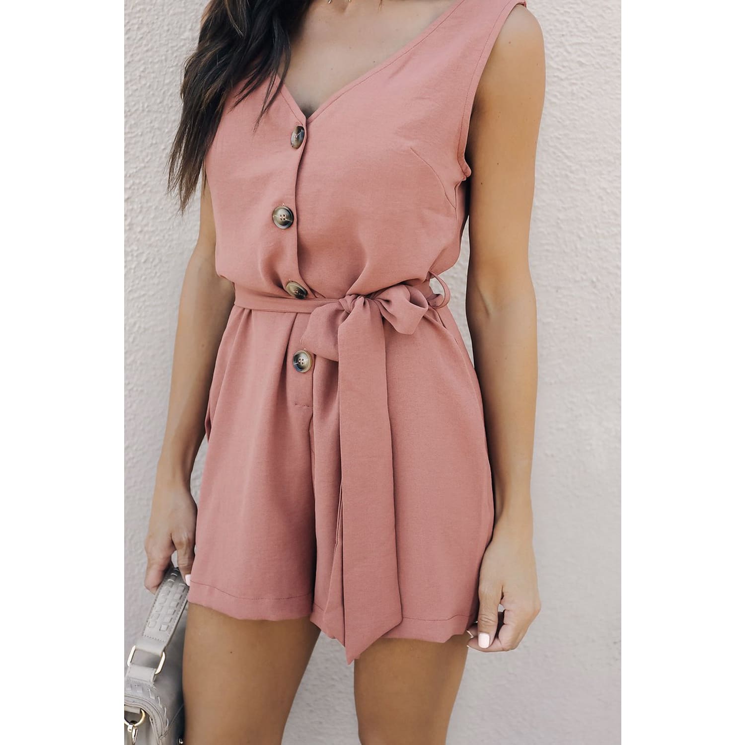 Pink Buttoned Up Belted Romper - Best YOU by HTS
