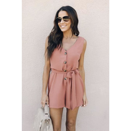 Pink Buttoned Up Belted Romper - Best YOU by HTS