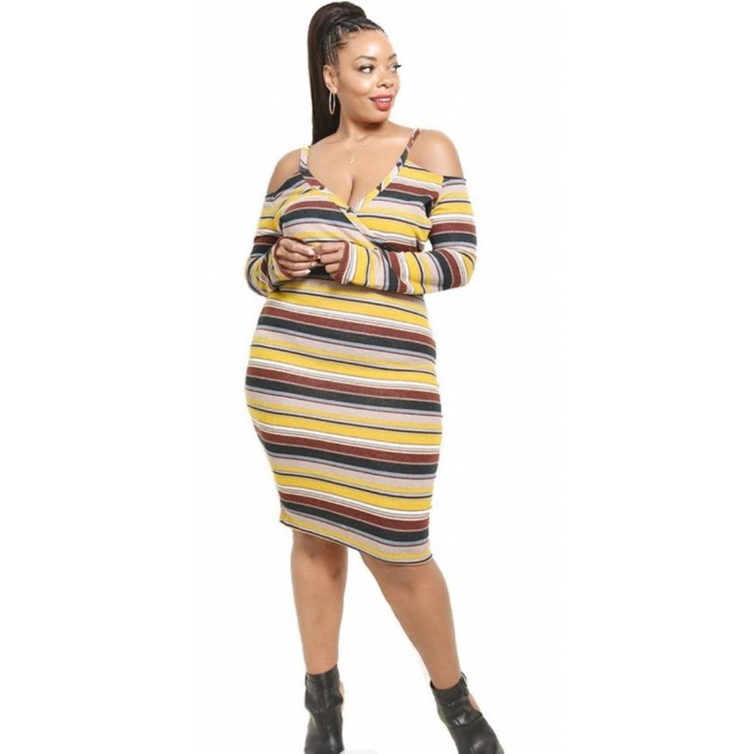 Striped Plus Size Dress With Open Shoulder Cutout - DRESSES