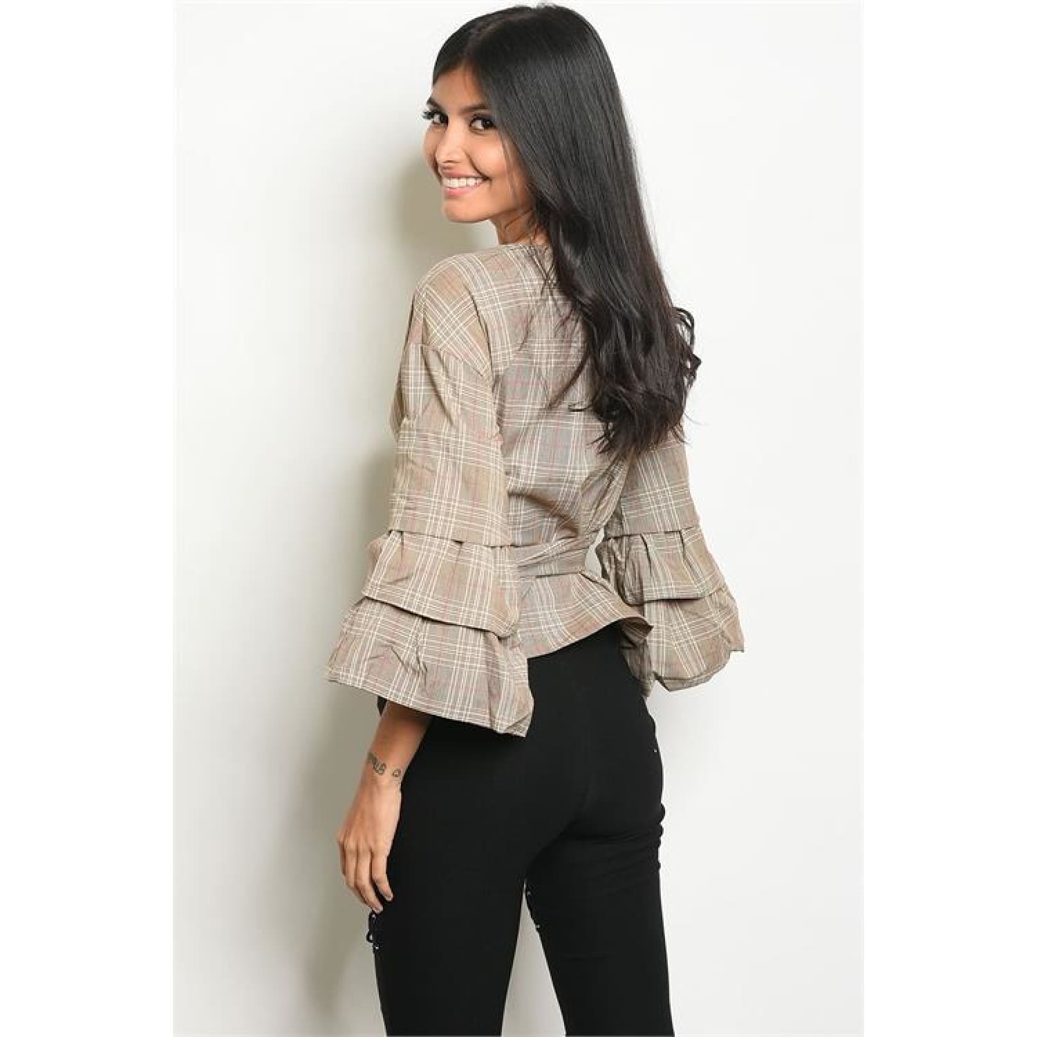 Wrap Blouse with Bow- Taupe Checkered - Best YOU by HTS